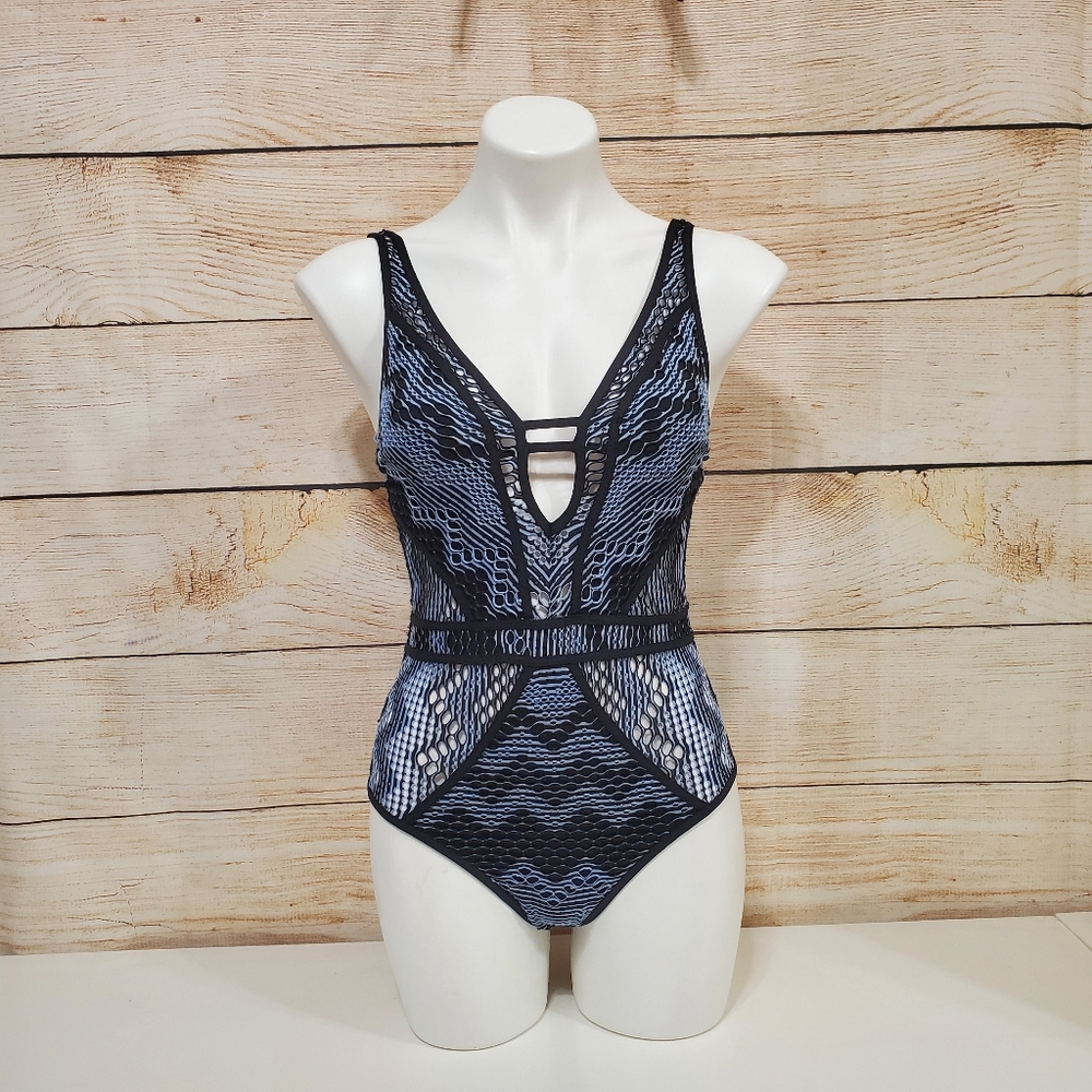 NWOT BECCA Show and Tell Crochet Blue One Piece Small - Picture 3 of 10